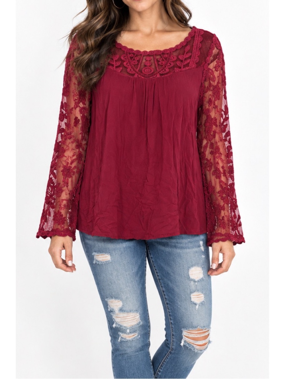 Xhilaration brand lace embroidered long sleeve blouse in a burgundy red